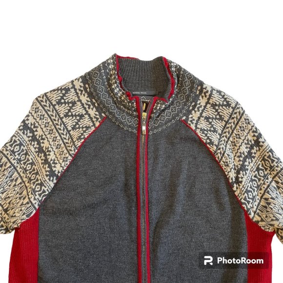 Eddie Bauer 100% Merino Sweater Gray/Red Full Zip Fair Isle Mock Neck Ski - Picture 3 of 13